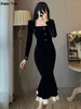 Sıradan Elbiseler Vintage Bodycon Velvet Deniz Kızı Partisi Kadınlar Zarif Dantel Patchwork Akşam Balo Vestidos Kadın Sonbahar Kış Giysileri