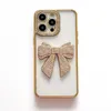 Bowknot Bling Diamond Side Chromed Cases voor iPhone 15 14 Pro Max plus 13 12 11 Luxe bling boog metallic Rhinestone Pating Clear Soft TPU Girls Fine Hole telefoonhoes