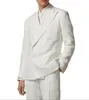 Costumes pour hommes élégant blanc lin hommes mariage smoking double boutonnage revers pour la fête d'affaires forme deux pièces veste et pantalon