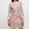 Dresses 2022 Spring Summer New French Bubble Sleeve Vneck Bright Pleated Female Sexy Empire Waist Party Dress Draped Metallic Lurex