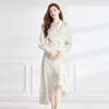 Satin Belted Side Bow Wrap Dress Women Designer Long Sleeve V-Neck Slim White Wedding Asymmetrical Party Ruffle Dress Ballgown 2023 Spring Fall Sweet Vacation Frocks