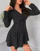 Robes décontractées femmes manches longues col rabattu pull chemisiers robe vestidos sexy bouton patchwork bord volanté haute rue