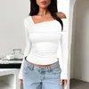 Women's Blouses Camisas De Mujer Women One Shoulder Long Sleeve Top Pleated Going Out Slim Fit Shirt Cropped Sweet Y2K Aesthetic Streetwear