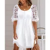 Party Dresses Women O Neck Button Corset A-line Mini Dress Streetwear Elegant Fashion Lace Puff Sleeve Casual Loose