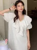 Party Dresses Long Korean Chic Summer French Sweet Cross V-neck Stitching Organ Edge Loose Casual Lantern Sleeve Dress Women