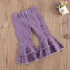 Trousers Celana Flare Denim Robek Anak Perempuan 2 7Y Panjang Bawahan Lonceng Lapisan Ganda Pinggang Tinggi Warna Solid Jeans Anak anak Baju Bayi 230426