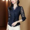 T-Shirt 1pcs Women's Blouses tops 2022 Summer New Chiffon Lace Splicing VNeck Hollow Primer Shirt Ladies Skinny Retro Sexy Shirts Girls