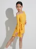 Stage Wear Latin Dance Clothes Girls Yellow Long Sleeve Practice Dress ChaCha Dancing Performance Samba Rumba Dancer Outfit DL11182