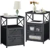 Vecelo Black End Side Table, 저장 공간과 문이있는 현대적인 밤 스탠드, 거실, 침실, 라운지를위한 플립 서랍이있는 2 개의 밤 스탠드 세트