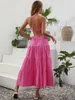 Casual Dresses Chicheca Halter Backless Rose Red Solid Women Sexer Beach Dress Cotton Elegant Long Maxi Slit Vestido A-Line 2023