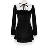 Casual Dresses Autumn Spring Women Black Mini Dress Gothic Punk Style Ribbon Velvet Christmas Lace Ruffles Party MH821