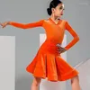 Stage Wear Robe de compétition latine professionnelle Orange Velvet Costume de performance à manches longues Filles Rumba ChaCha Vêtements de danse YS5123