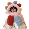 Berets 2023 Winter Thickened Sun Flower Scarf All-in-one Female Korean Cute Snow Wear Cycling Warm Gloves Three-piece Set Xmas Gift