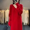 Casual Kleider Frauen Schwarz Kaschmir Langarm Eingewickelt Weiß Rot V-ausschnitt Hohe Taille Damen Elegante Strick Herbst Winter Koreanischen Stil