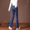 Kvinnors jeans tjocka smala sammet fodrad flare kvinnor koreansk mode tofs design varma trouseers mid midja plysch stor storlek mamma z297