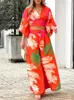 Women's Two Piece Pants Spring Autumn Floral Loose V-neck Lantern Sleeve Short Shirt High Waist Printed Wide Leg Set Women