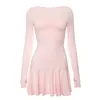 Casual Dresses Fairycore Kawaii Ruched V Neck Long Sleeve Pleated Dress Y2K Sweet Cute Girl Pink A-line Mini Women Club Party Streetwear