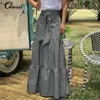 Skirts Celmia Women Skirts Vintage Plaid Long Skirts Female High Waist Casual Loose Belted Pleated Check Party Maxi Skirt 230428