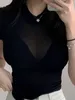 Женские футболки, женские сексуальные футболки, корейские летние полуводолазки, облегающие прозрачные классические черные топы, модные простые девушки 1XJN