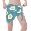 Costume da bagno da donna con motivo a uova fritte, pareo, sciarpa, copricostume da donna, cartone animato in poliestere, gonna corta, bikini da spiaggia