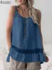 T-shirt Summer Tanks Tops 2022 Zanzea mode Kvinnor Stylish Lace Crochet Rems Hollow Out Blue Casual Beach Shirt Cotton Camis Blusas