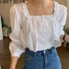 여성용 블라우스 셔츠 새로운 2022 Spring Summer Women 's Blouses 세련된 싱글 가슴 사각형 칼라 퍼프 슬리브 빈티지 솔리드 셔츠 BL3317 P230427