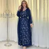 エスニック服モスリンドレスkaftanアラビアアパレルダイヤモンドメッシュvネックドバイエレガント長袖Eid Mubarak Abaya Turkey