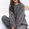 Casa roupas femininas pijamas de lã definir inverno sleepwear sólido veludo 2 peça calça casa terno fofo casual quente o-pescoço noite wear 2023vaiduryd5