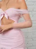 Casual Dresses Women Summer Sexy Off Shoulder Mesh Ruched Key Hole Pink Mini Bandage Dress 2023 Knitted Elegant Evening Club Party