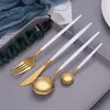 Dinnerware Sets Gold Cutlery Set White Handle Stainless Steel Dessert Spoon Kitchen Tableware Dinner Knife Fork Drop