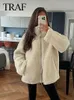 Womens Jackets TRAF Women Fashion Lamb Wool Warm Coat Elegant Solid Zipper Long Sleeves With Pocket Casual Outerwear 231127