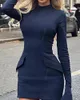 Casual Dresses Suninheart Autumn And Winter Women Flare Sleeve Long Dress 2023 Navy Stand Collar Office Lady Slim