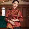 Ethnic Clothing Cheongsam Womens Plus Size Short Tops 2023 Spring Silk Satin Prints Stand Collar Weave Splicing Chinese Style Qipao Shirts