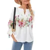 Kvinnors blusar Spring Fall Floral Print Blus Tops 3/4 Sleeve Front Button V-Neck Casual Elegant Loose T-shirts