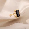 Anéis de casamento retângulo preto zircão pedra anéis para mulheres aberto ajustável cor ouro anel de aço inoxidável casamento casal anéis jóias r231128