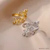 Bandringar Stainelss Steel Zircon Leaves Rings for Women Green Rose Ring Open Gold Plated Wedding Rings Eesthetic Trendy Jewelry Gift 2023 R231130