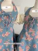 Casual Dresses Retro Floral Print Bind Women Denim Mini Dress Square Collar Halter Tunic Design Frocks Female Y2K 2000s Vintage Chic