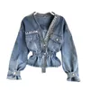 Women's Jackets Spring Autumn Women Denim Jacket Fashion Sense V Neck Puff Veste En Jean Elegant Beading Design Slim Fit Jean Jacket Coat 230428