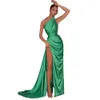 Jeheth Green Simple One Shoulder Satin Evening Dress High Side Split Celebrity Formal Prom Gowns Sweep Train Robes