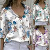 Kvinnors blusar 2023 Fashion Floral Printed Chiffon Shirt Women Elegant Long Sleeve Tops Vintage Loose Blue Office Ladies Stylish Blusas