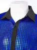 Chemises décontractées pour hommes Hommes 70s Disco Métallisé Brillant Plaid Imprimer Chemise À Manches Courtes Chemises Boutonnées Discothèque Party Tops Stage Performance Costume 231127