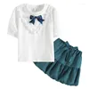 Clothing Sets 2023 Girls Clothes Set Summer Sleeveless Bow T-shirt And Print Skirt For Girl Kids Children 5-14 Years
