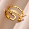 Bröllopsringar ihåliga dubbla lagerringar för kvinnor män öppnar guldfärg rostfritt stål ring charm geometriska fingerringar smycken bröllop gåva R231128