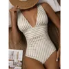 Kącik kąpielowy w kąpieli dla kobiet 2023 One Piece Swimsuit Summer Beachwear Monokini Striped Deep V Neck Bodysuit Maillot de Bain