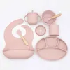 Cups Dishes Utensils 3/8Pcs Children's Silicone Plate Suction Cup Baby Dishes Set For Feeding Bowl Bibs Spoon Fork Sippy Cup Kids Training Tableware 230428