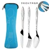 Geschirr-Sets, 3-teilig, tragbar, bedruckt, Stahl, Löffel, Gabel, Steakmesser-Set, Reisebesteck, Geschirr mit Tasche