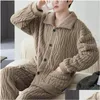 Mens sleepwear homens pijamas de inverno conjunto engrossado aconchegante homewear plush lapela pijama com cintura elástica onda de água para entrega de gota appar dh8kt