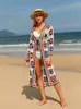 Vrouwen breit vrouwen haak kleurrijk uitgehold lang vest vrouwelijke handgemaakte gebreide cover-up kimono trui jas strandkleding badpak