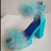 Sapatos de vestido Mulheres Ankle Strap Chunky High Saltos Verão Faux Fluffy Fur Sandálias Festa Plataforma Bombas Sandalias de Mujer Con Tacones