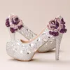 Chaussures habillées argent cristal mariage fait à la main petite plate-forme strass mariée avec violet Rose fête bal pompes grande taille